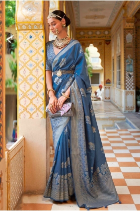 Printed,weaving Silk Saree in Blue SR23487