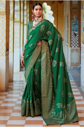 Green Saree in Silk with Printed,weaving SR23488