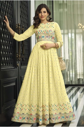 Yellow Anarkali Suit in Embroidered Faux georgette AS3322