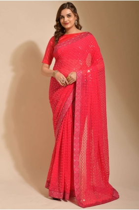 Pink Party Wear Saree in Georgette with Embroidered,lace border SR23585
