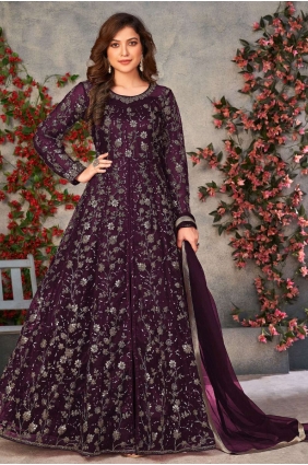 Soft net Anarkali Suit with Embroidered in Purple AS3325