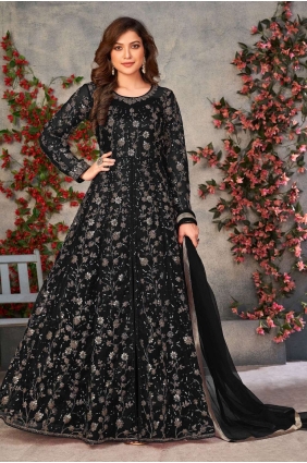 Embroidered Soft net Anarkali Suit in Black AS3327