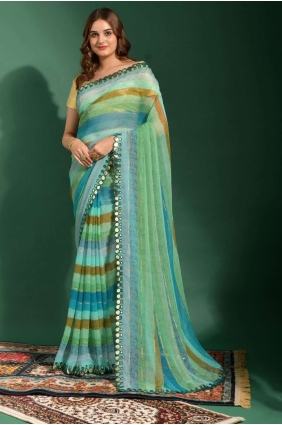 Blue Saree with Mirror,embroidered,printed Chiffon SR23682