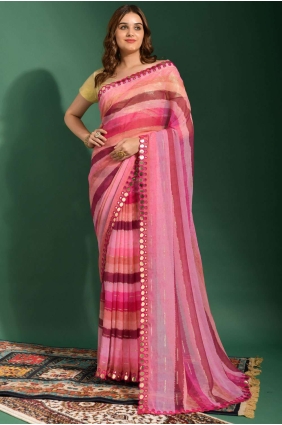Chiffon Saree with Mirror,embroidered,printed in Pink SR23683