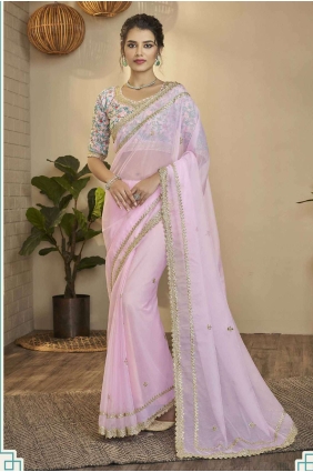 Baby pink Organza Saree with Zari,embroidered SR23722