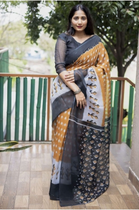 Cotton Digital print Mustard Saree with Blouse SR23731