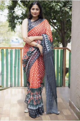 Orange Saree in Digital print Cotton SR23734