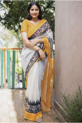 Digital print Saree in White Cotton SR23738