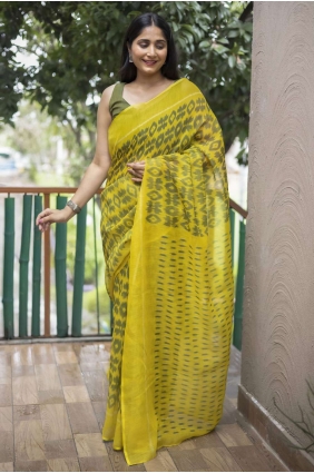 Saree in Lime Cotton with Digital print SR23740