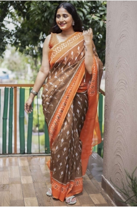 Digital print Saree in Brown Cotton SR23741