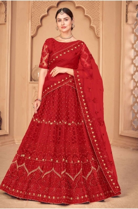 Red Net Wedding Lehenga Choli with Embroidered LC6250