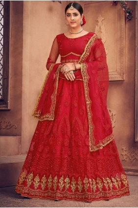 Net Embroidered Red Wedding Lehenga Choli with Dupatta LC6254