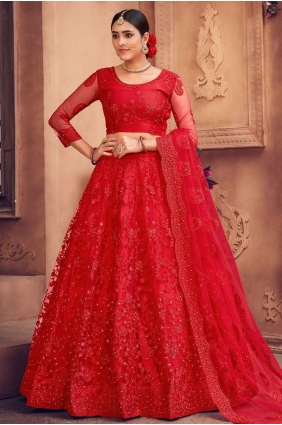 Net Wedding Lehenga Choli in Red with Embroidered LC6257