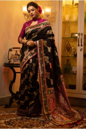 Black Banarasi Saree with Weaving Banarasi silk SR23833