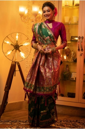 Banarasi Saree in Banarasi silk Green with Weaving SR23834