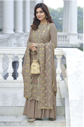 Beige Faux georgette Eid Palazzo Suit with Embroidered PZ3424