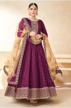 Wine Taffeta Embroidered Anarkali Suit with Dupatta AS3378