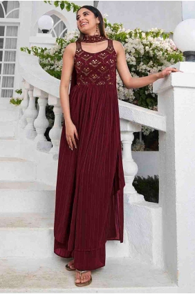 Palazzo Suit in Maroon Georgette with Embroidered PZ3565