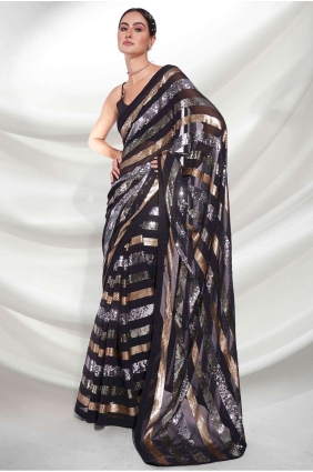 Party Wear Saree in Black Embroidered Georgette SR24207