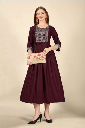 Cotton Embroidered Wine Straight Kurti with Dupatta KTI1800