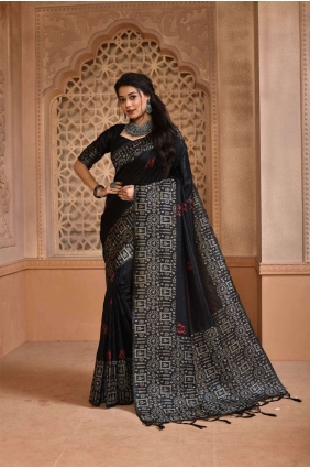 Black Saree with Weaving Raw silk SR24275