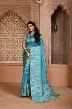 Weaving Raw silk Firozi Saree with Blouse SR24278