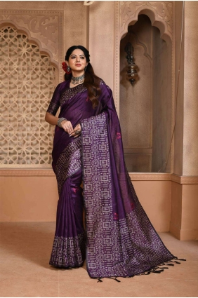 Weaving Raw silk Saree in Wine with Blouse SR24283