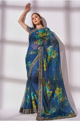 Teal blue Embroidered,printed,lace border Georgette Saree SR24300