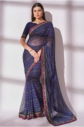 Georgette Blue Saree in Embroidered,printed,lace border SR24301