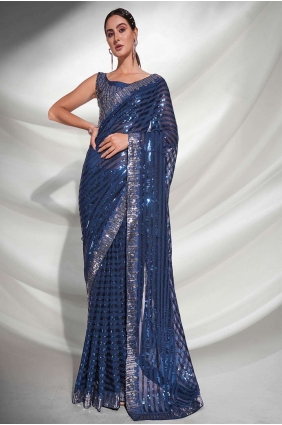 Saree Blue with Embroidered Georgette SR24303