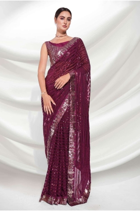 Embroidered Georgette Saree in Wine with Blouse SR24304
