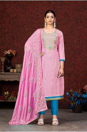 Pink Embroidered Salwar Kameez in Cotton SK153118