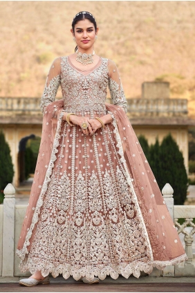 Net Pakistani Suit with Embroidered in Peach AS3621