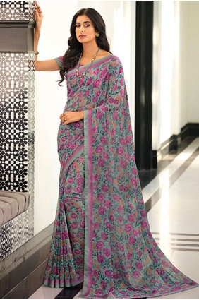 Purple Printed,lace border Saree in Georgette SR24592