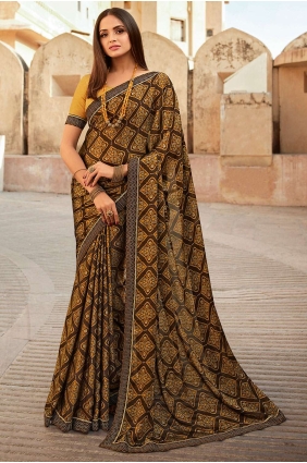 Printed,lace border Georgette Saree in Brown with Blouse SR24620