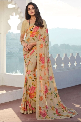 Printed,lace border Georgette Saree in Cream with Blouse SR24630