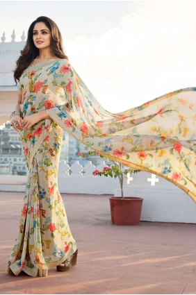 Georgette Saree with Printed,lace border in Beige SR24636