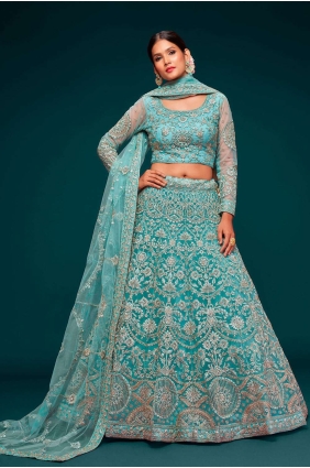 Soft net Wedding Lehenga Choli in Aqua with Embroidered LC6882