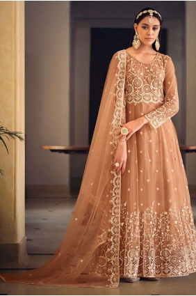 Brown Anarkali Suit in Embroidered Net AS3707