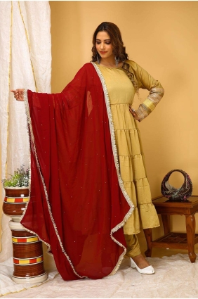 Beige Art silk Hand Palazzo Suit with Dupatta PZ3873