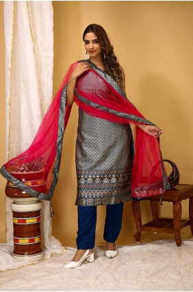 Plain Straight Pant Suit in Blue Art silk PZ3875