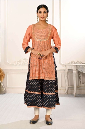 Cotton Kurti with Printed in Peach KTI2342