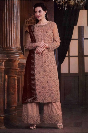 Embroidered Net Straight Pant Suit in Peach with Dupatta PZ4016