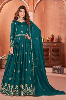Art silk Anarkali Suit in Teal blue with Embroidered AS3917