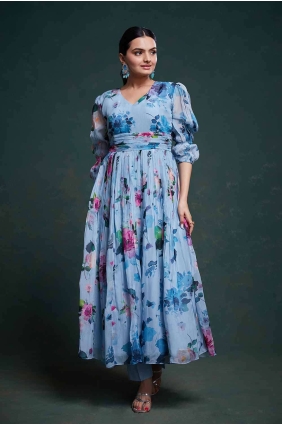 Organza Anarkali Suit with Embroidered in Sky blue AS3952