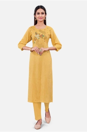 Yellow Embroidered Cotton Kurti KTI2443