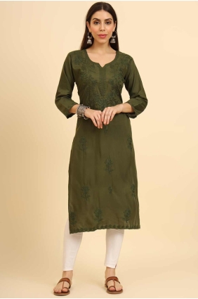 Chikankari Kurti in Mahendi Cotton KTI2463