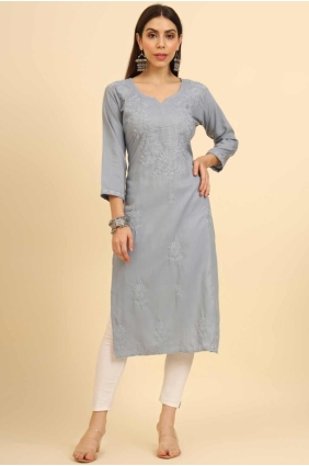 Grey Chikankari Kurti in Cotton KTI2464