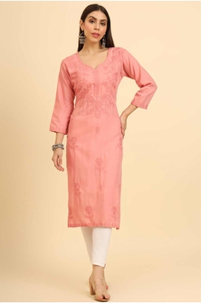 Peach Chikankari Cotton Kurti KTI2465