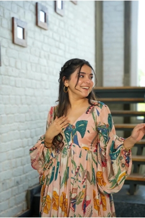 Chiffon Gown Dress in Peach with Printed GW0944